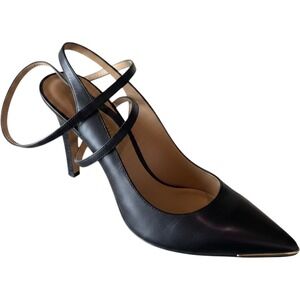 Etienne Aigner Vintage Black Leather 7 Ankle Wrap Pointed Toe Gold Tip Heels 90s